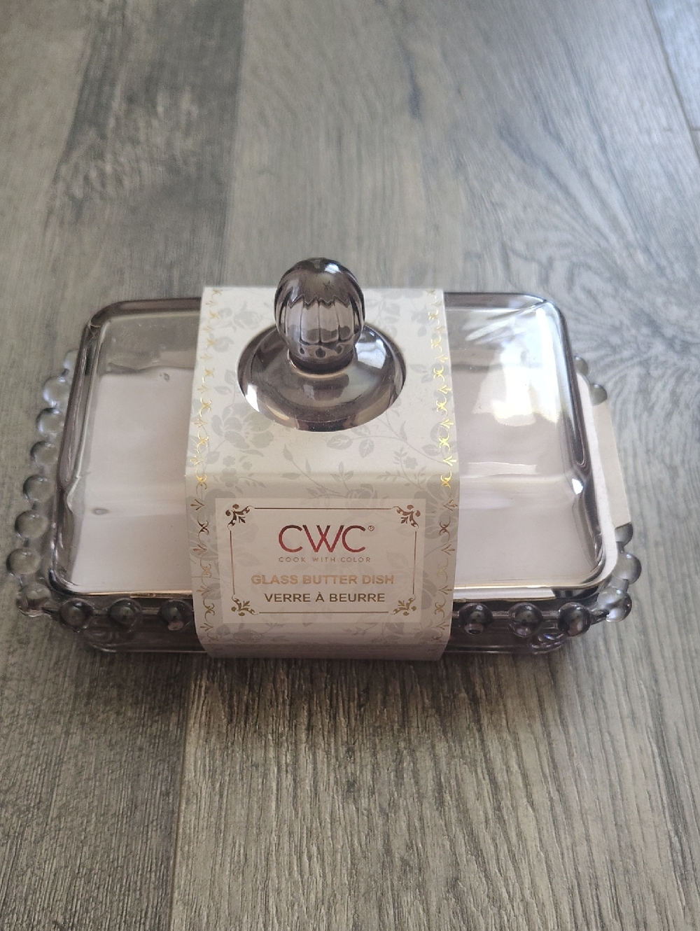 T.J.Maxx Smoky Gray Glass Butter Dish with Decorative Knob